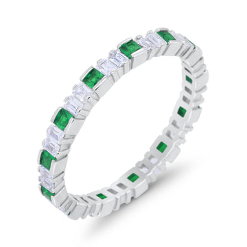 Baguette Princess Full Eternity Wedding Band Ring Round Simulated Green Emerald CZ 925 Sterling Silver